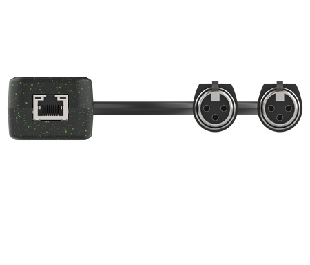 Black audio interface with Ethernet and XLR connectors on a white background