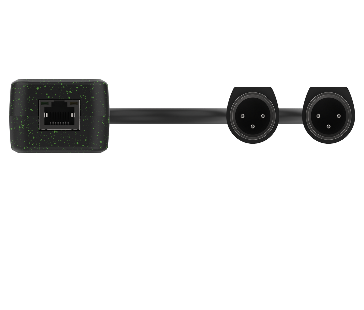 Black audio interface with Ethernet port and XLR connectors on a white background