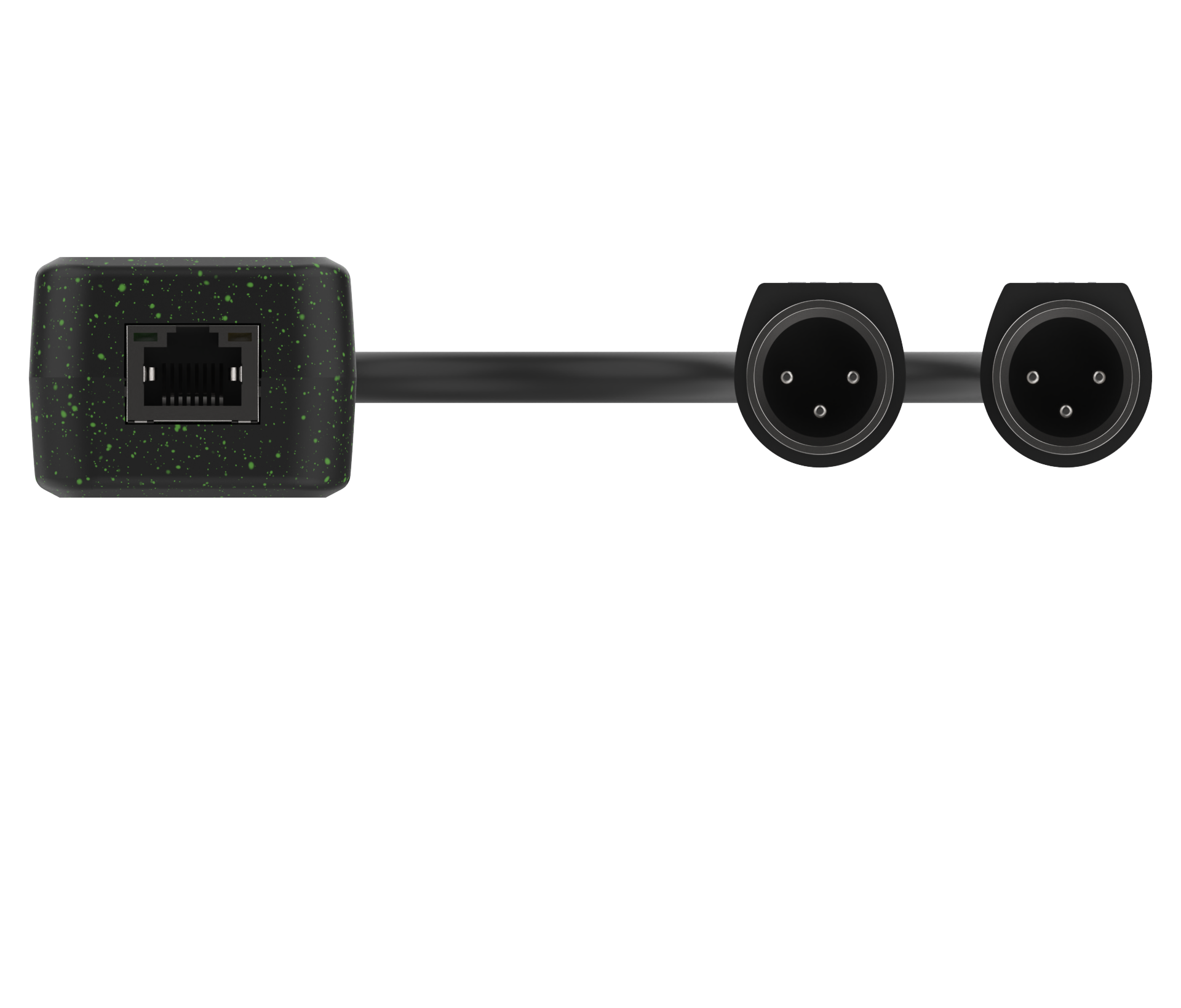 Black audio interface with Ethernet port and XLR connectors on a white background