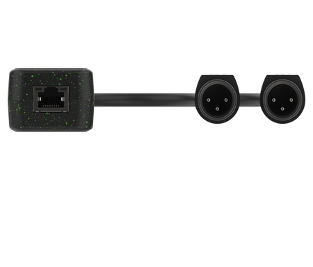 Black audio interface with Ethernet port and XLR connectors on a white background