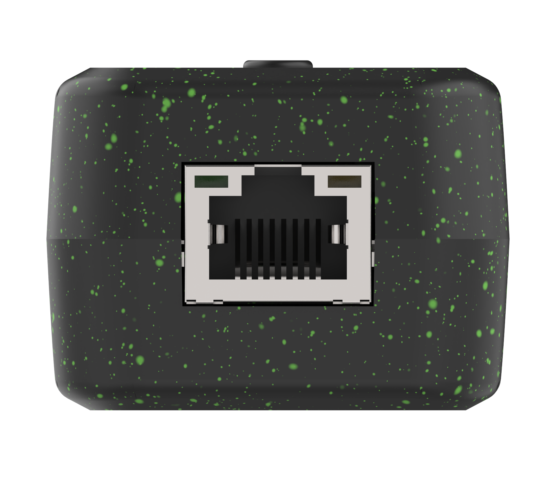 Black electronic module with green speckles and an Ethernet port on a white background