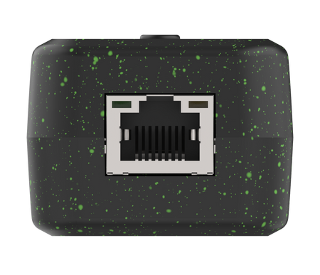 Black electronic module with green speckles and an Ethernet port on a white background