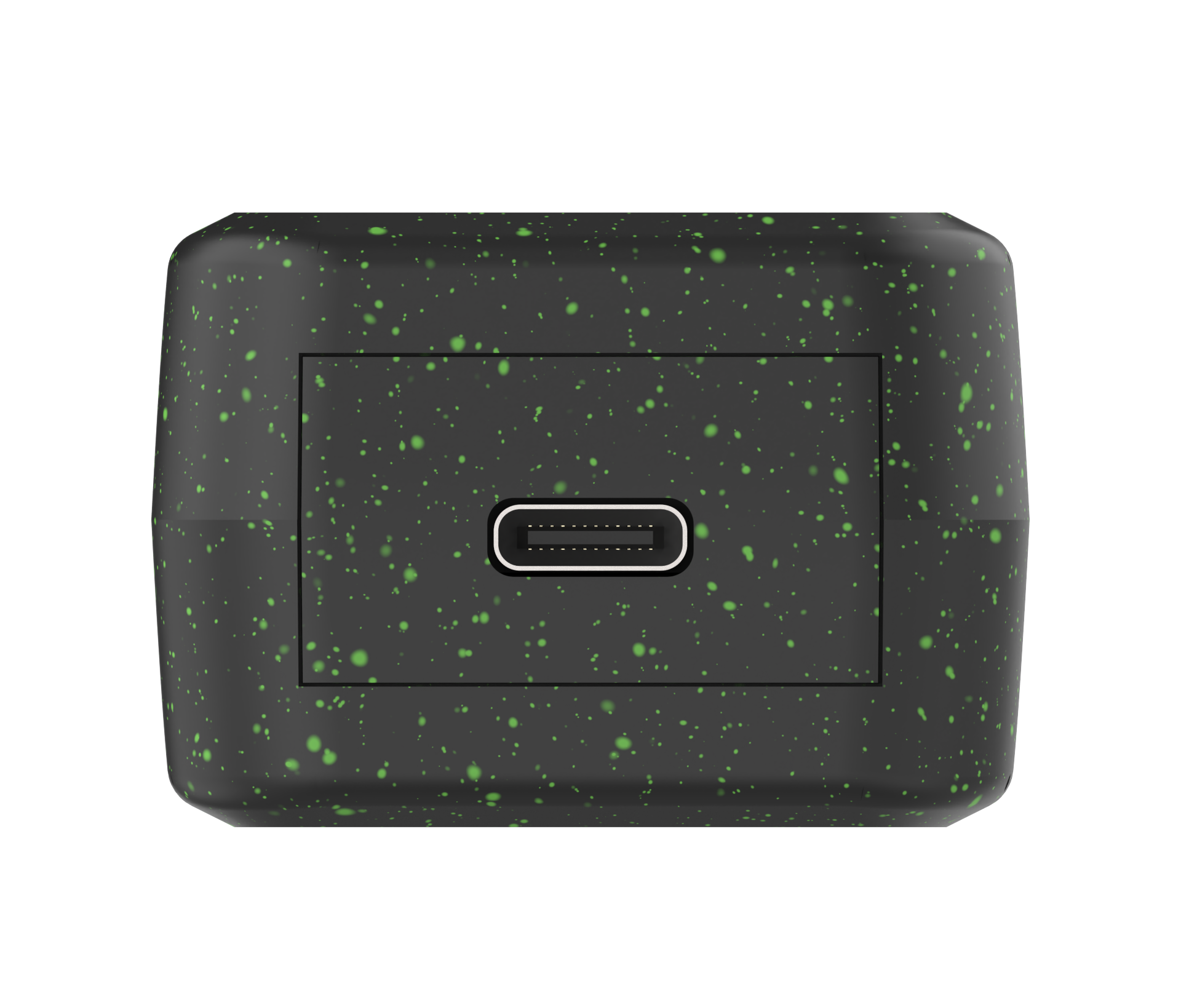 Black rectangular object with green speckles on a white background