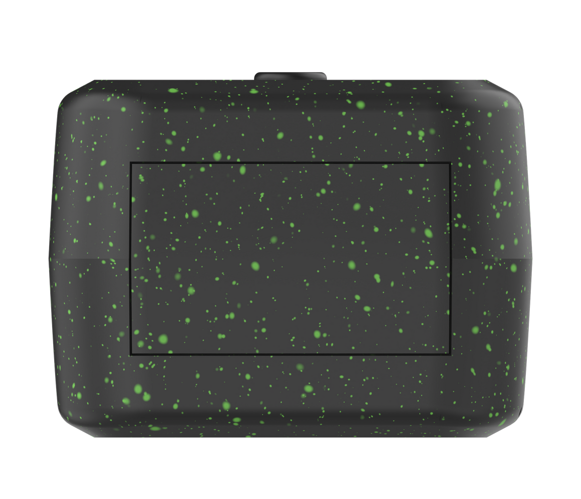 Black rectangular device with green speckles on a white background