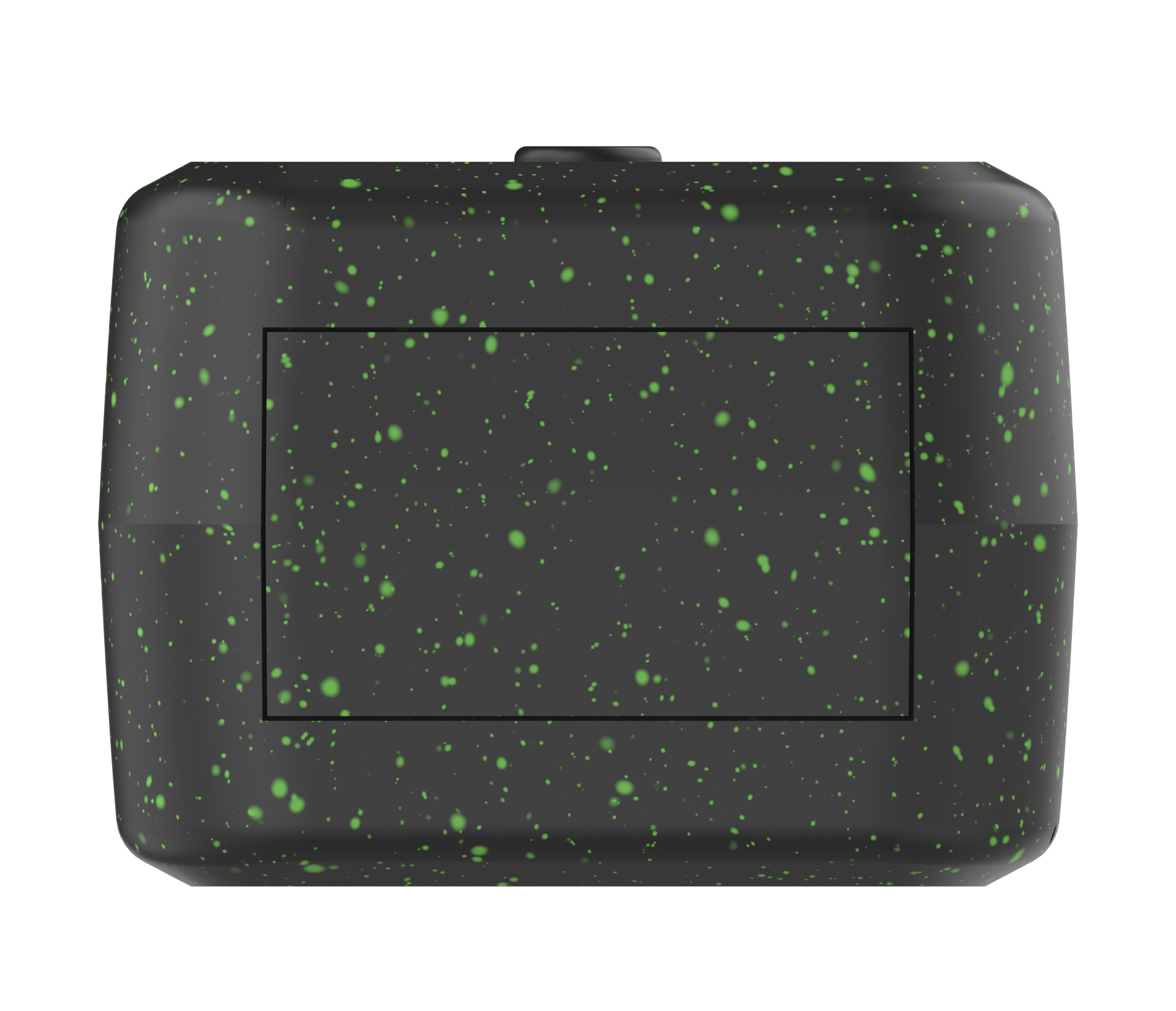 Black rectangular device with green speckles on a white background