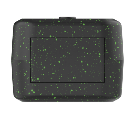 Black rectangular device with green speckles on a white background