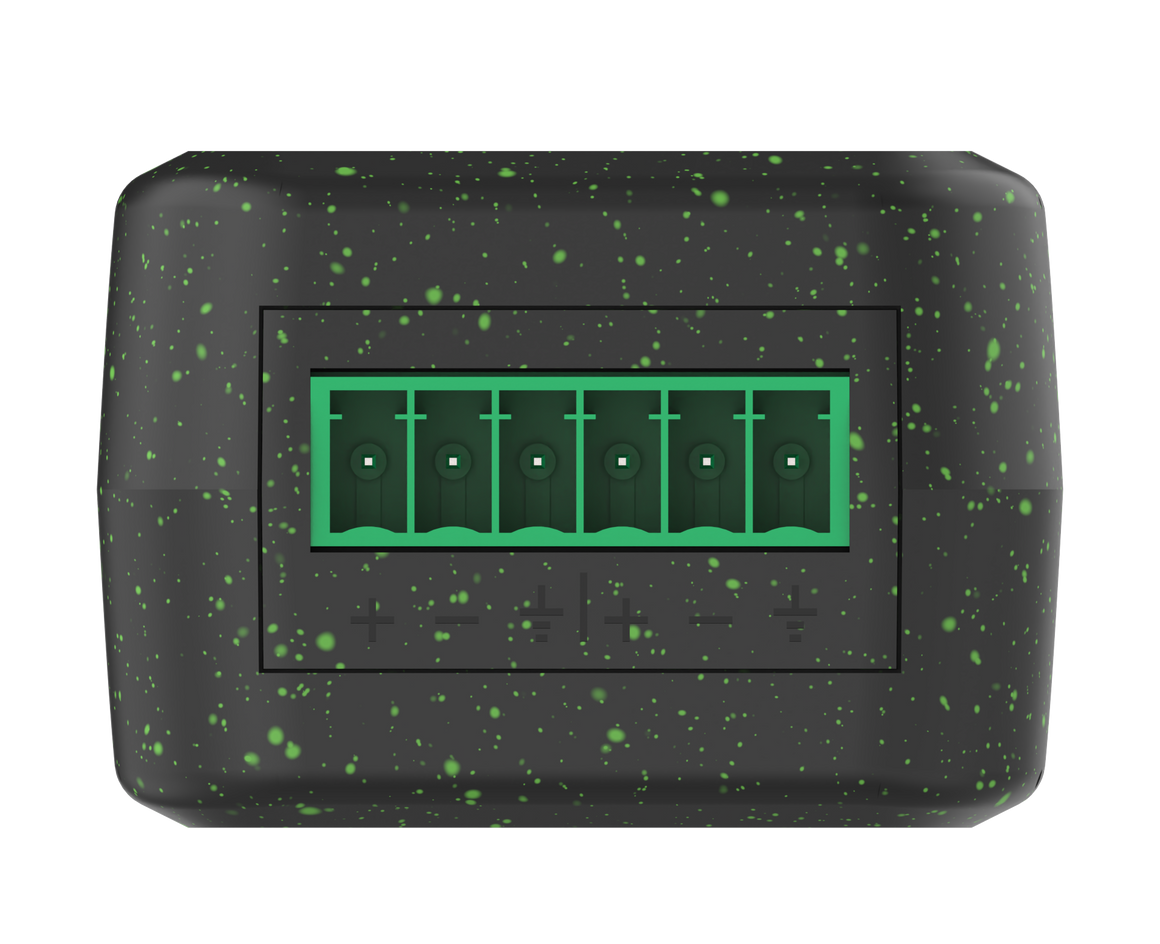 Black rectangular device with green speckles and a green display on a white background