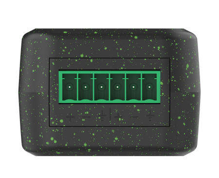 Black rectangular device with green speckles and a green display on a white background