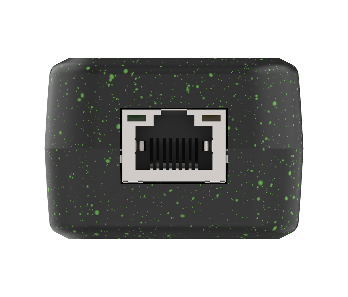 Black rectangular device with a network port on a white background