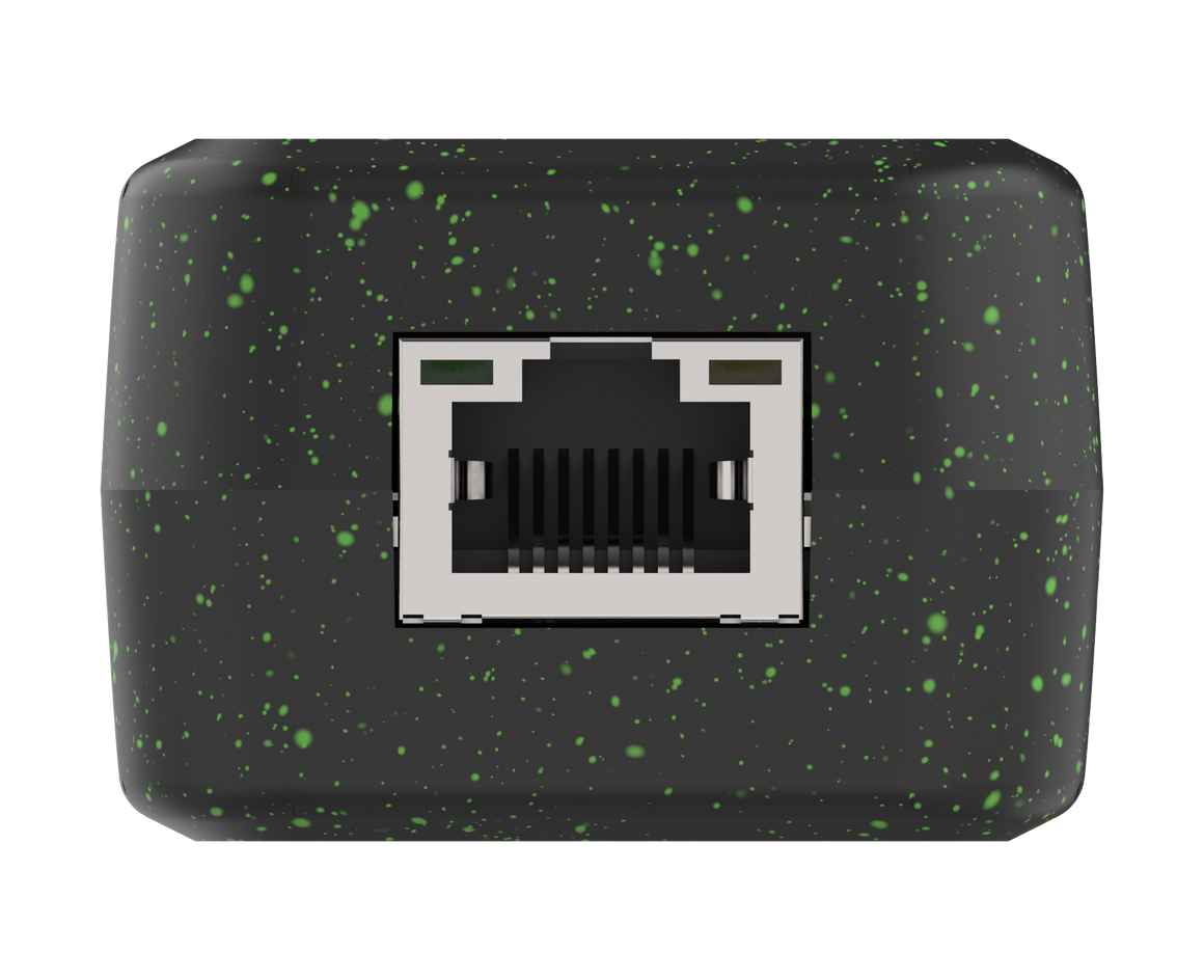 Black electronic module with green speckles featuring an Ethernet port on a white background