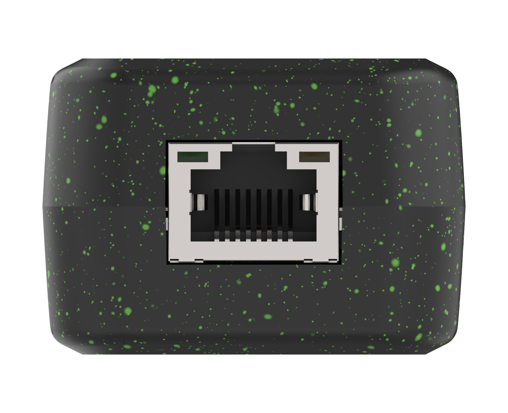 Black electronic module with green speckles featuring an Ethernet port on a white background