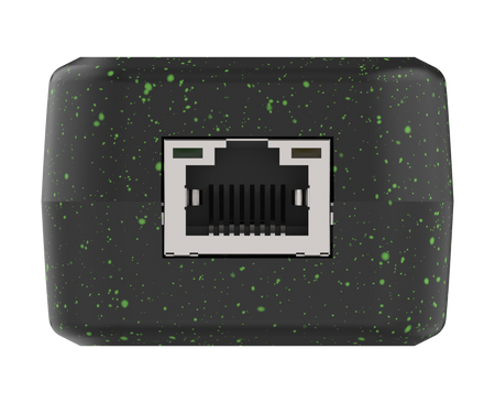 Black electronic module with green speckles featuring an Ethernet port on a white background