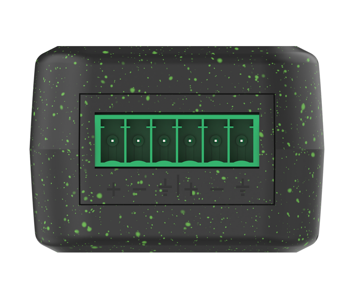 Black rectangular device with green speckles and a green display on a white background