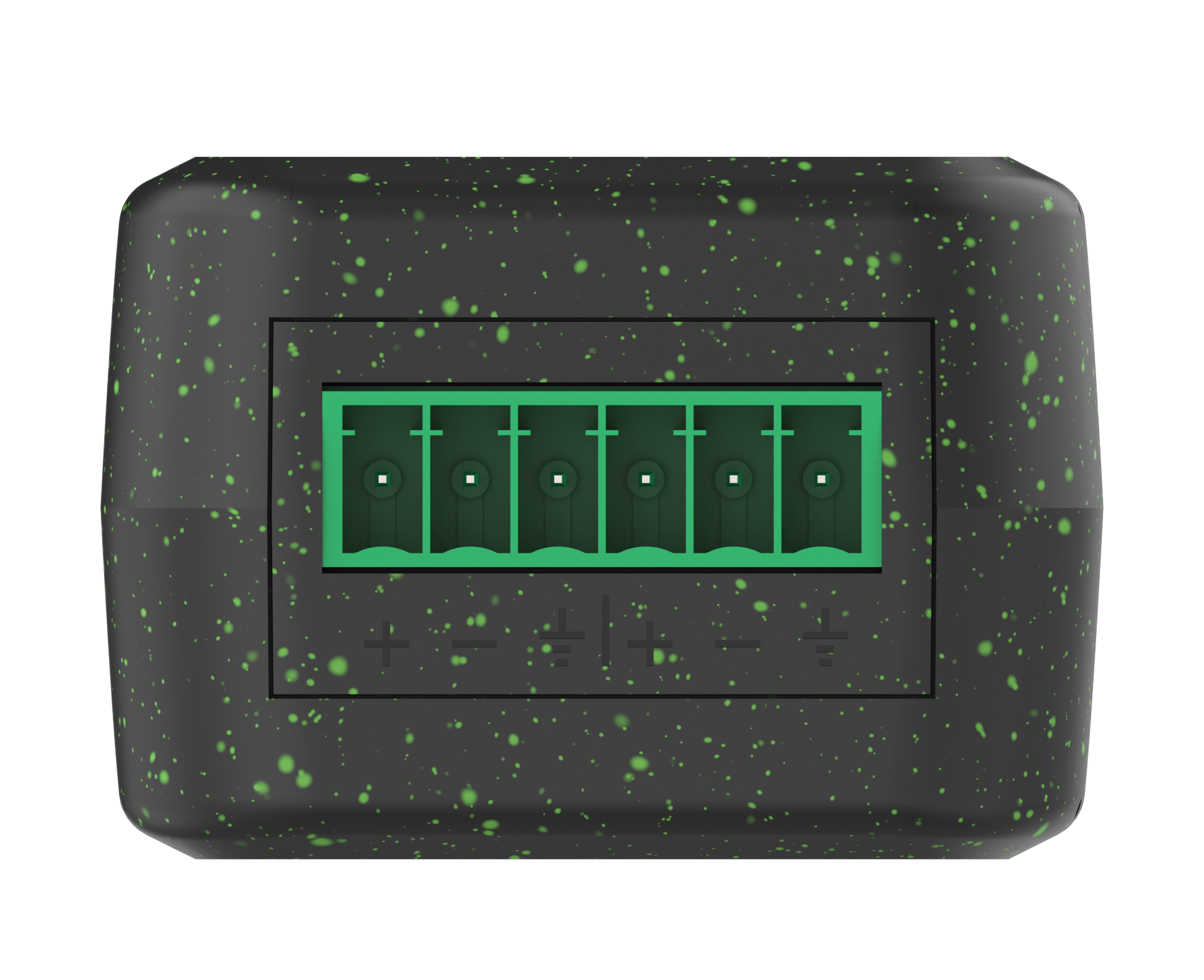 Black rectangular device with green speckles and a green display on a white background