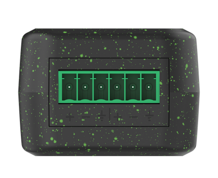 Black rectangular device with green speckles and a green display on a white background