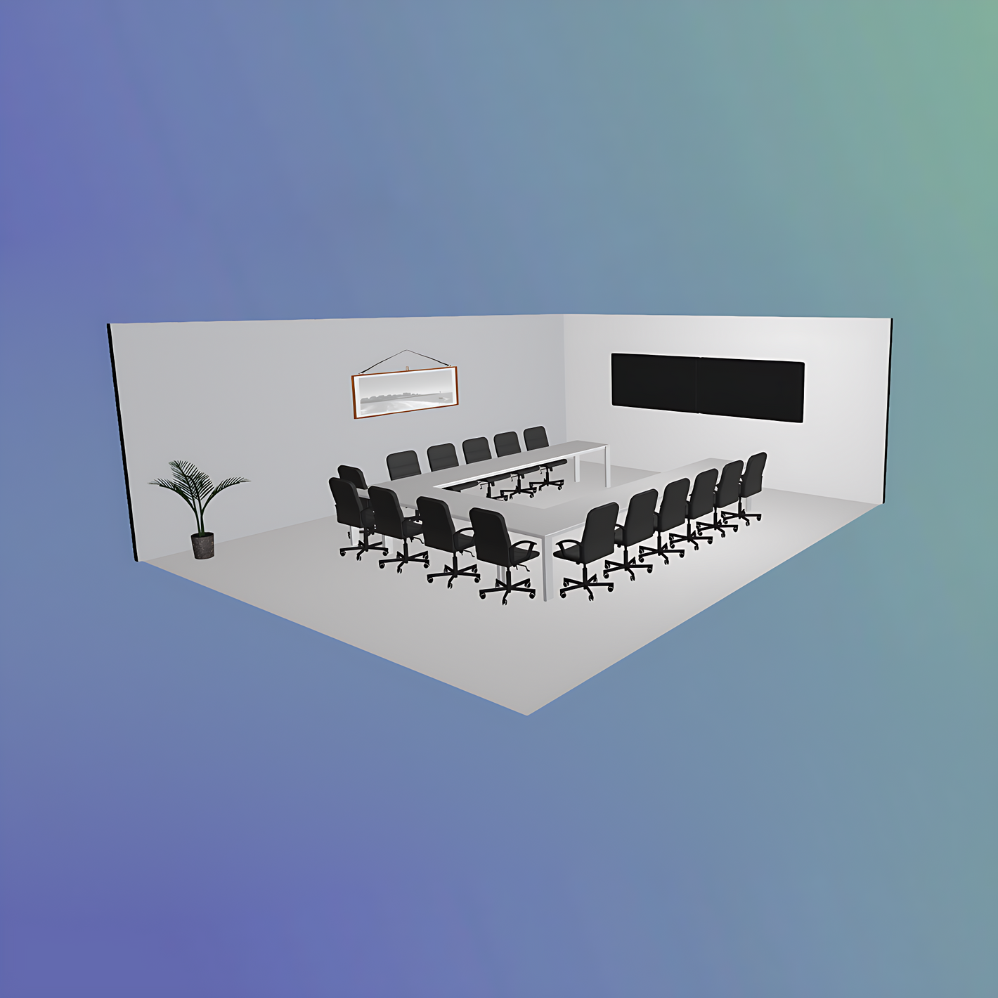 3D rendering of a conference room with chairs arranged around a table.