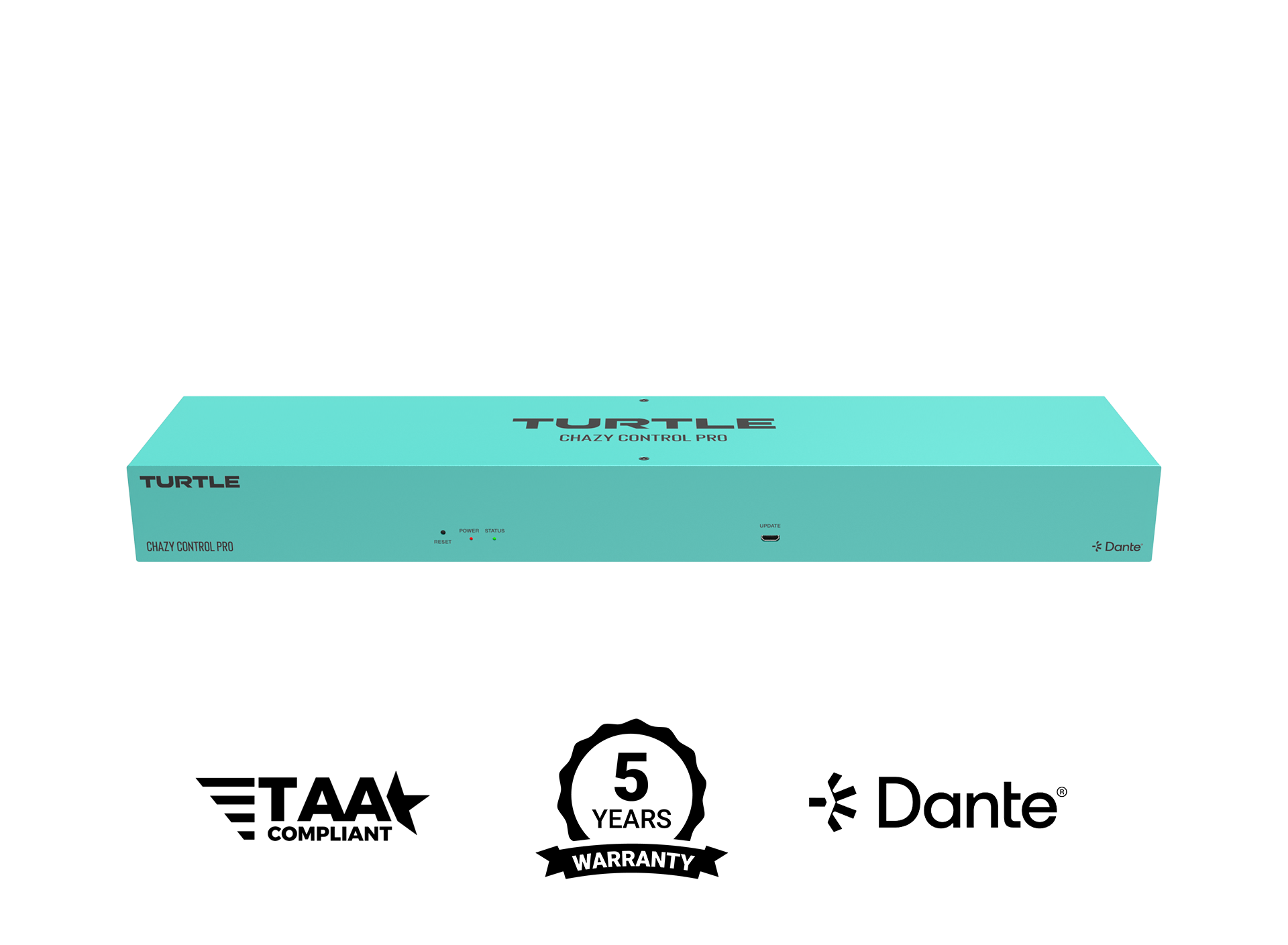 Turquoise electronic device with branding and certification logos on a white background