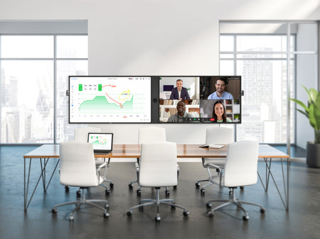 Modern conference room with a large screen displaying a video call with four participants.