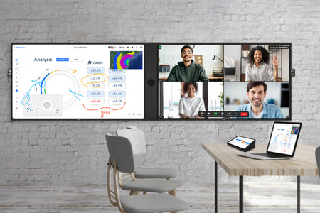 Multimedia setup with a large screen displaying a video call and analysis software on a brick wall background.