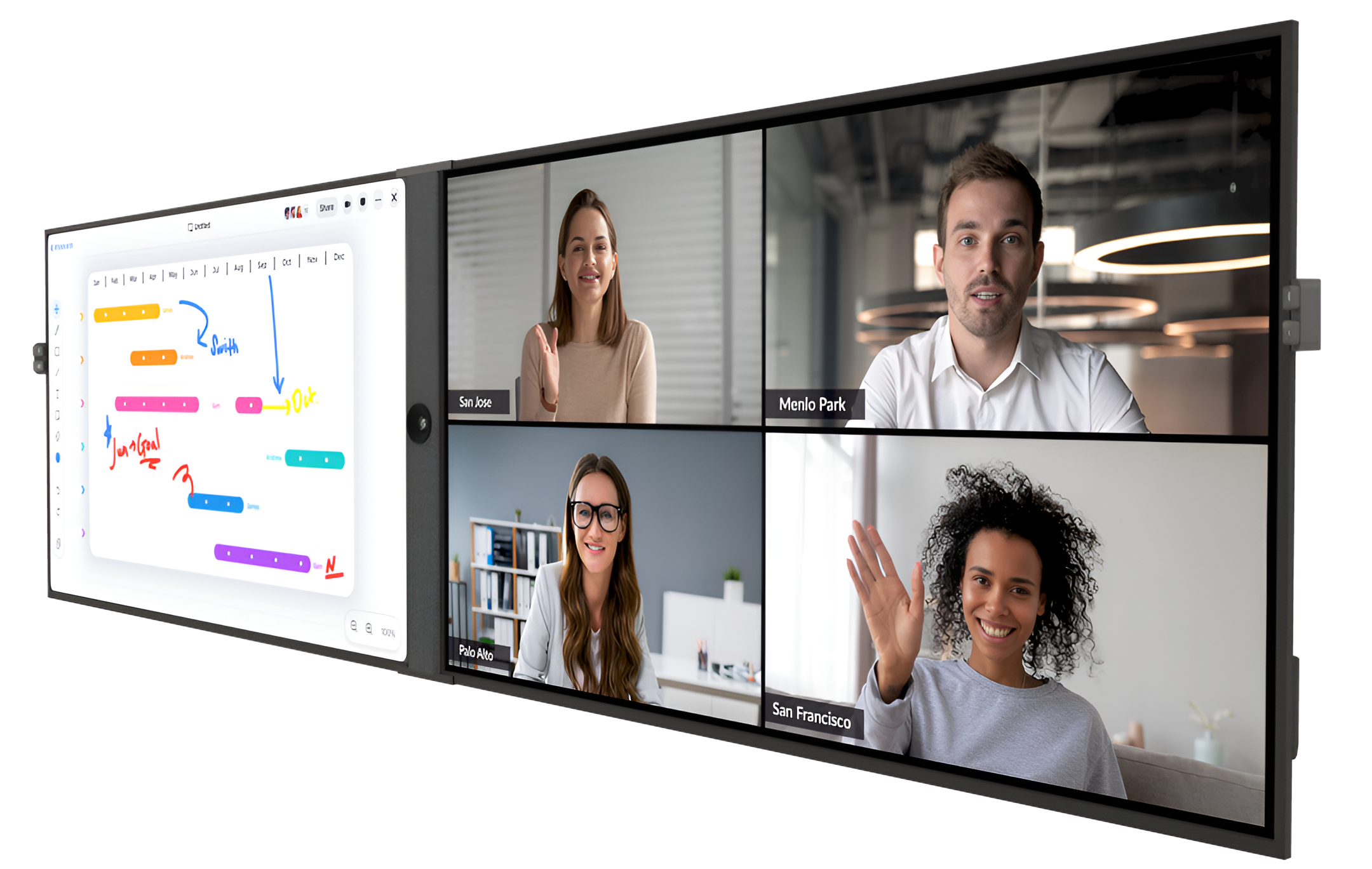 Multiviewer screen displaying multiple video calls with people on a white background