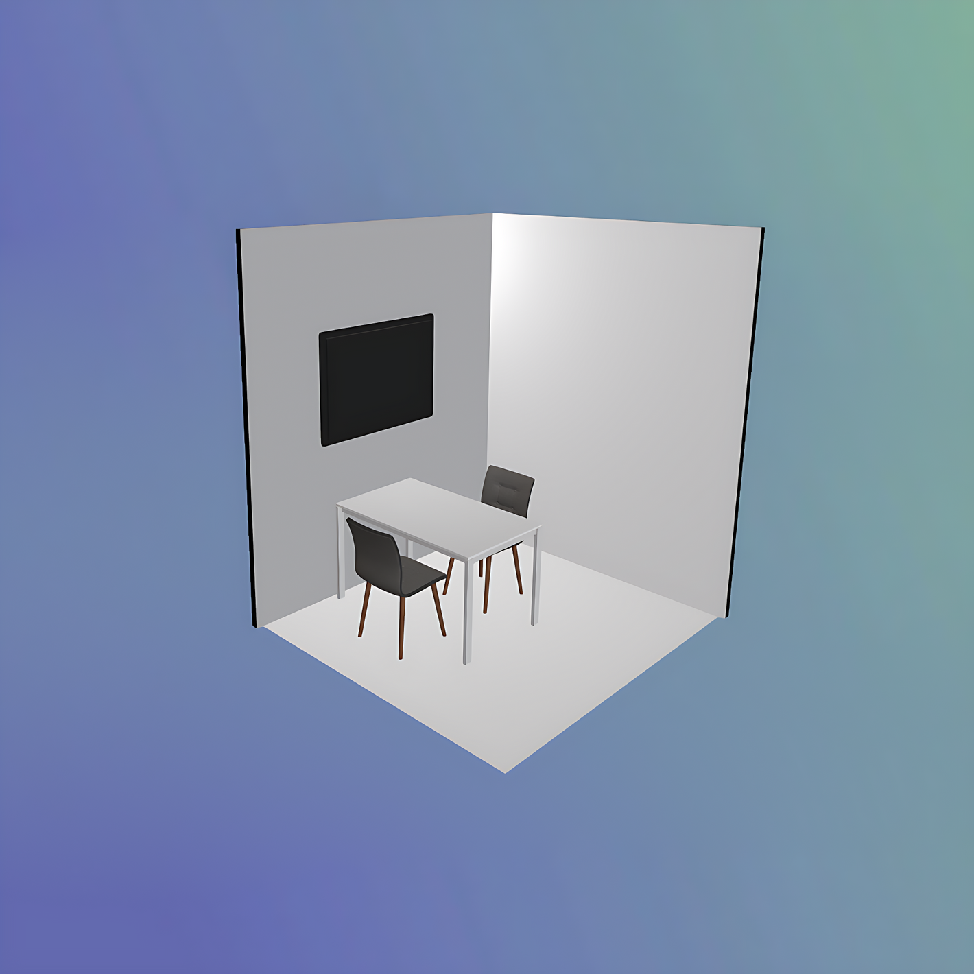 3D model of a room with a desk, chairs, and a TV on a gradient blue background