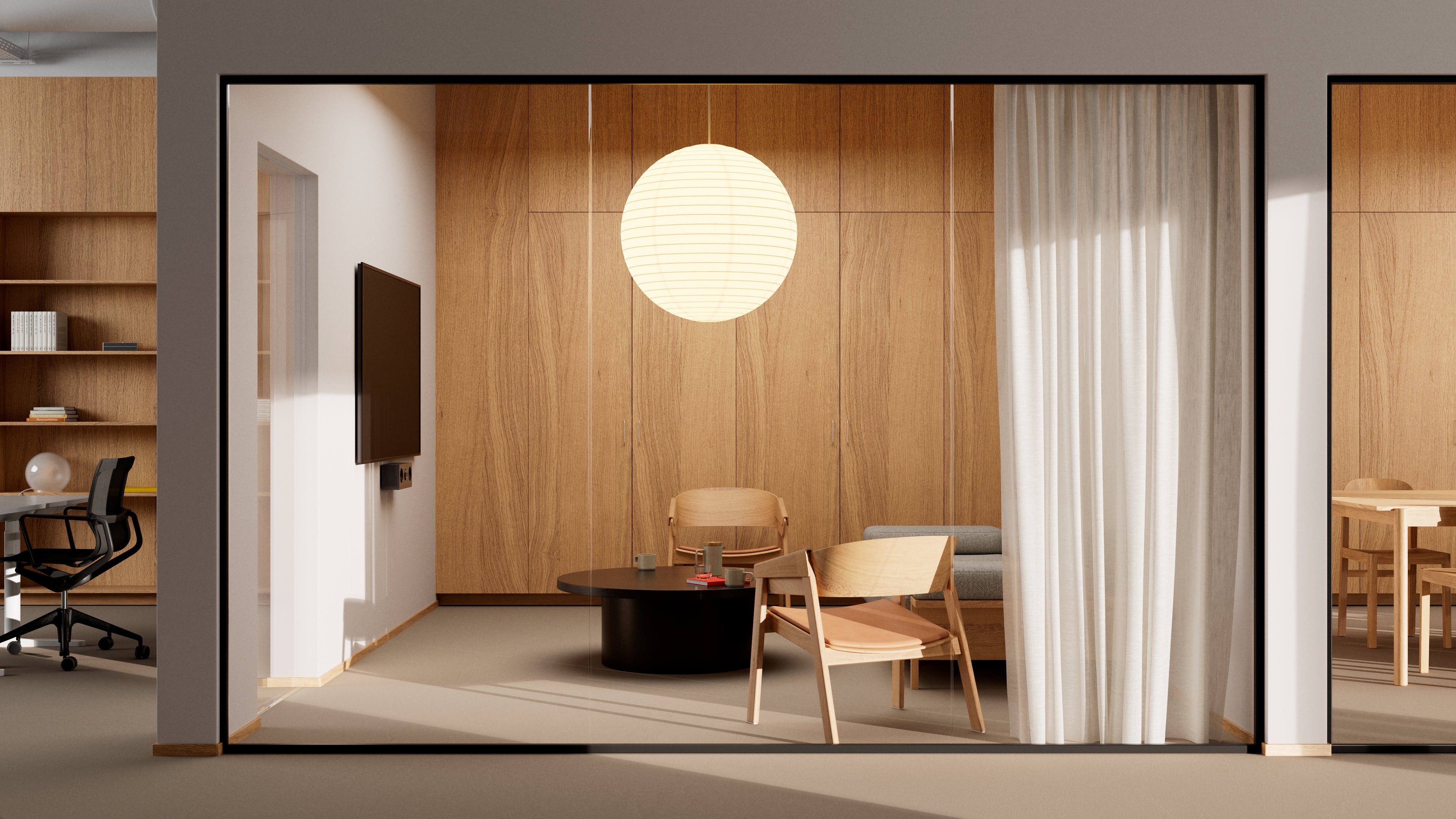 Modern office interior with wooden walls, a round light fixture, and office furniture with Huddly C1