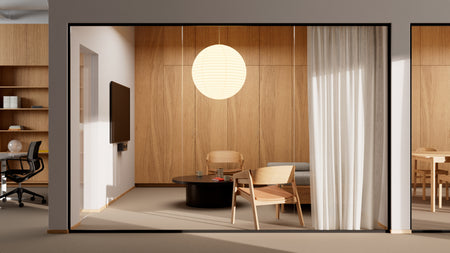 Modern office interior with wooden walls, a round light fixture, and office furniture with Huddly C1