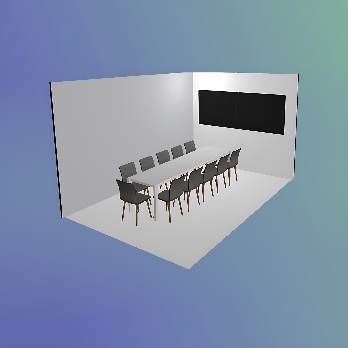 3D rendering of a conference room with a table and chairs on a gradient background