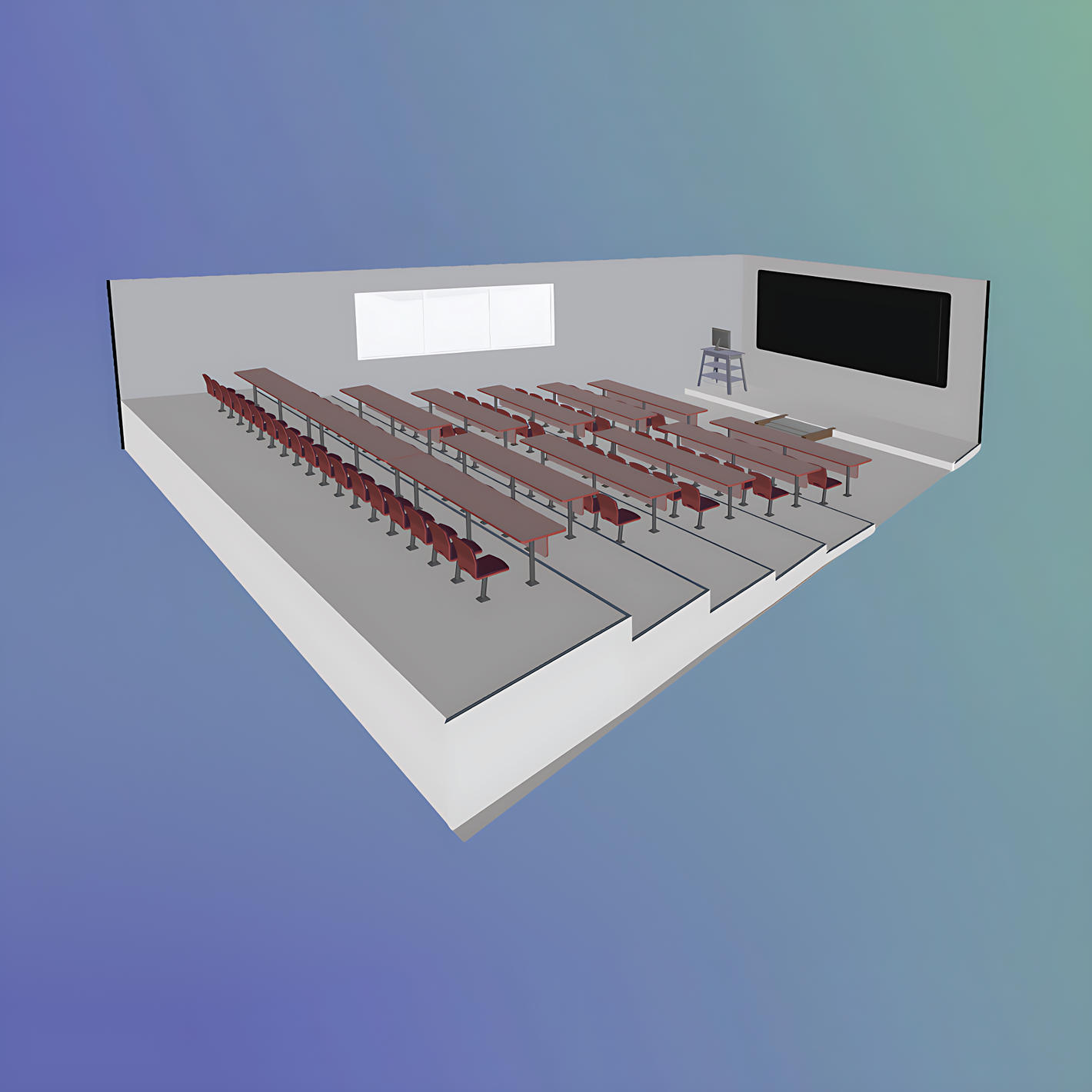 3D model of a classroom with desks and a projector screen on a blue background
