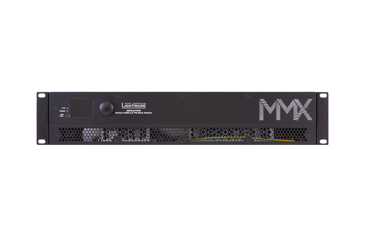Black electronic equipment with 'Lightware' and 'MMX' branding on a white background
