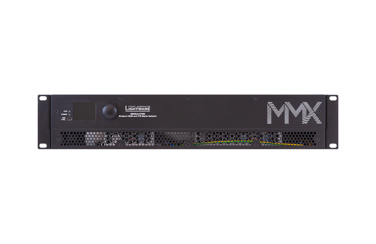 Black electronic equipment with 'Lightware' and 'MMX' branding on a white background