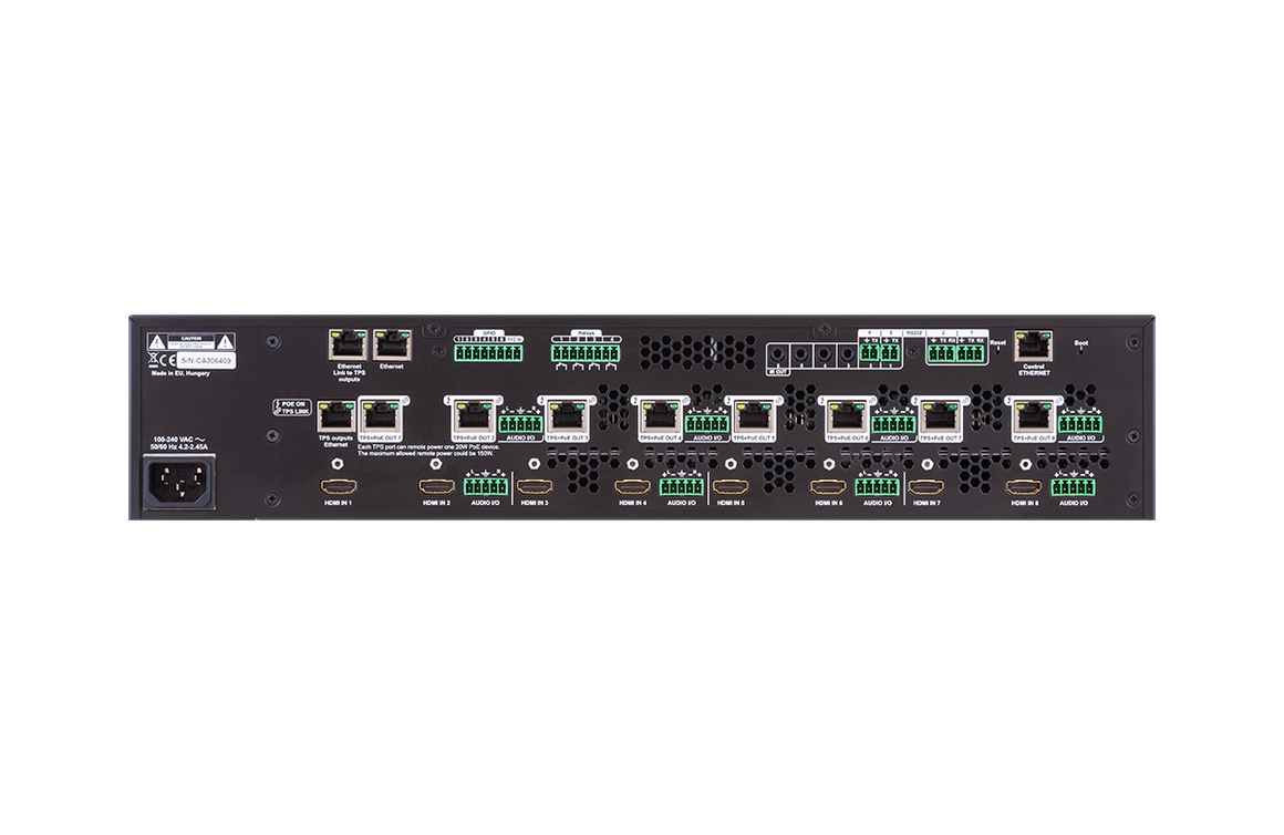 Back view of a network switch with multiple ports on a white background