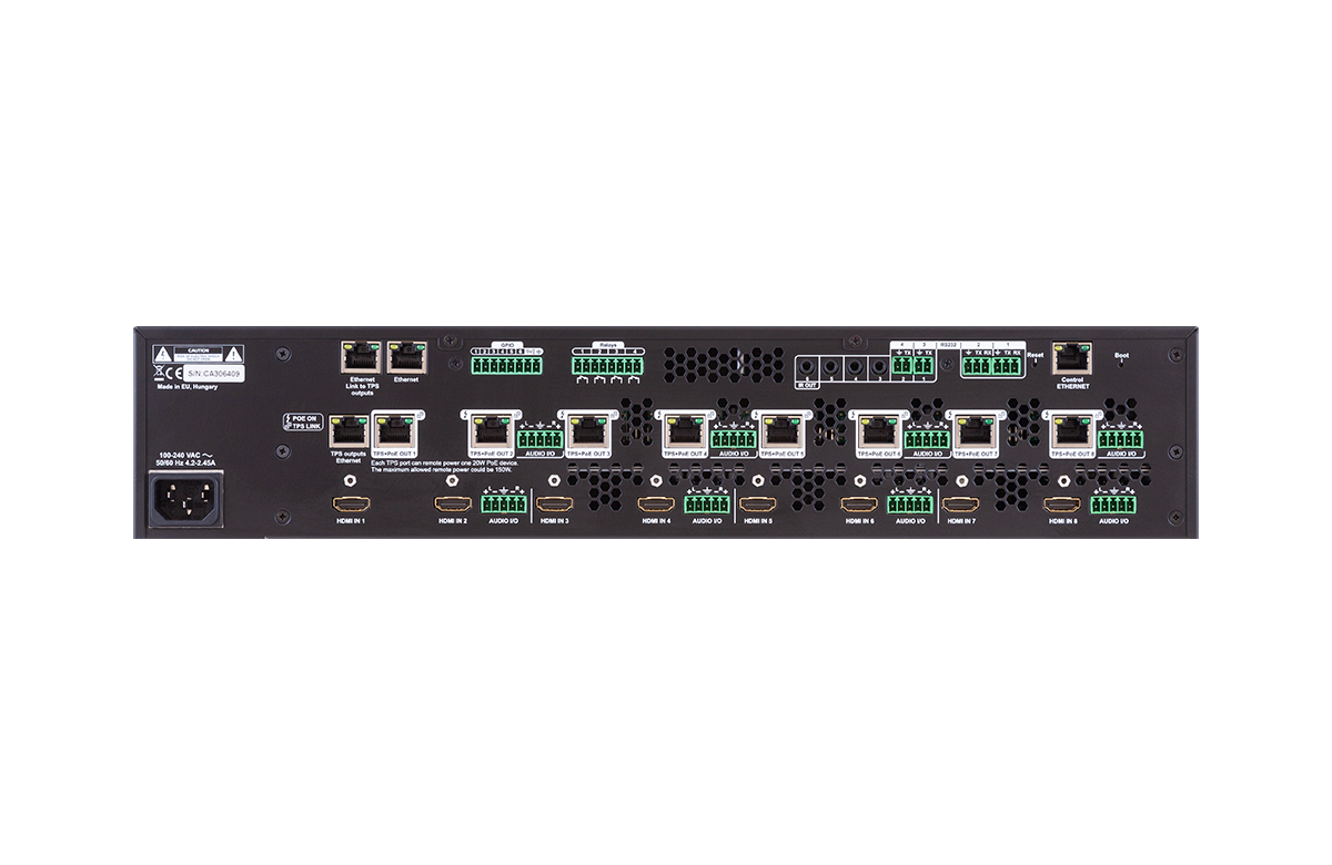 Back view of a network switch with multiple ports on a white background