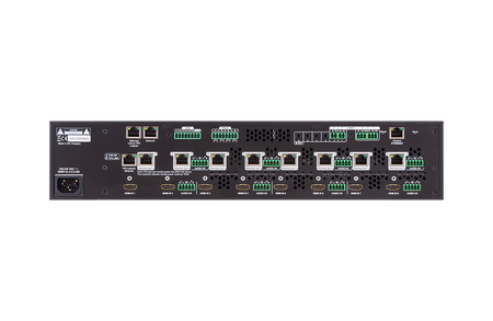 Back view of a network switch with multiple ports on a white background