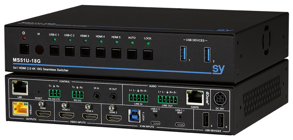 SY Electronics MS51U-18G-SET 5x1 4K60 Presentation Switcher & KVM Solution with 3x HDMI, 2x USB-C & HDBaseT Receiver