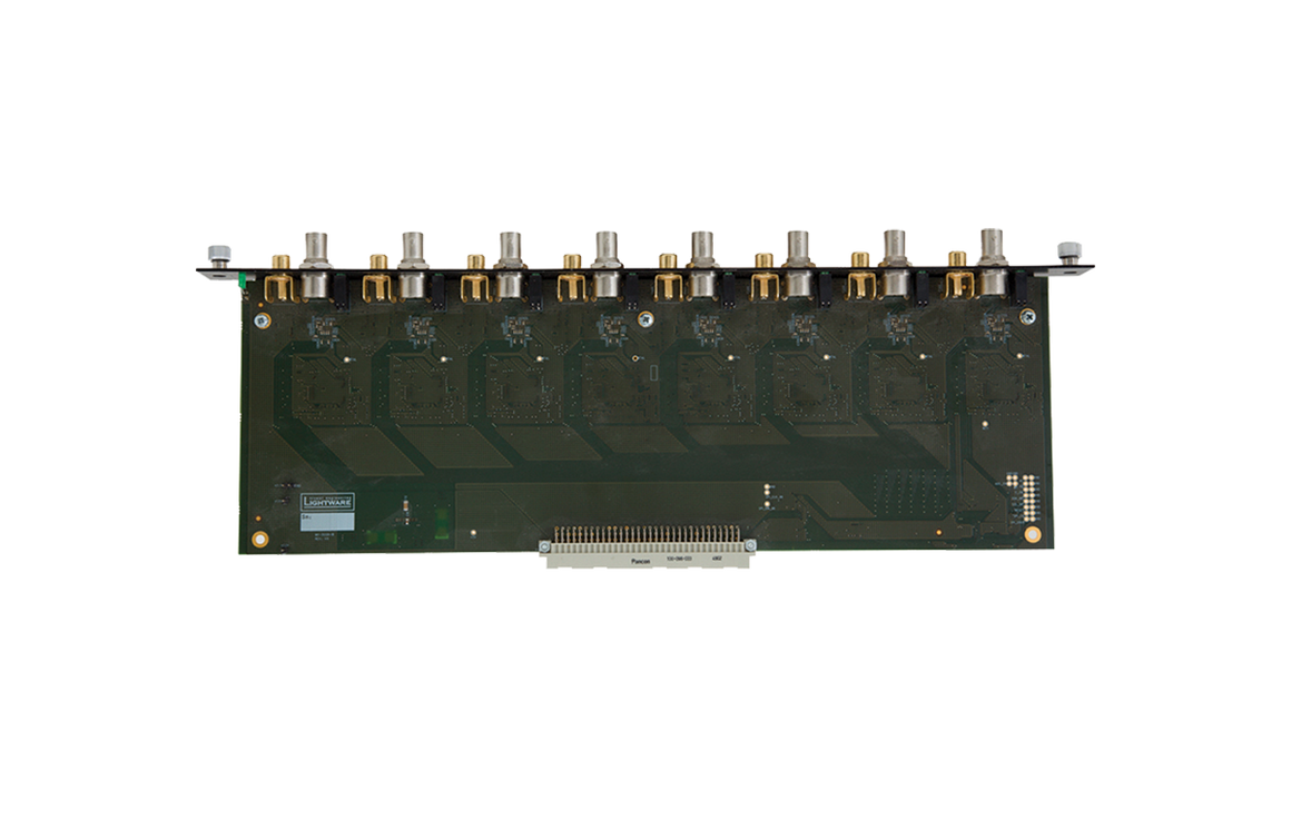 Computer memory module with multiple chips on a white background