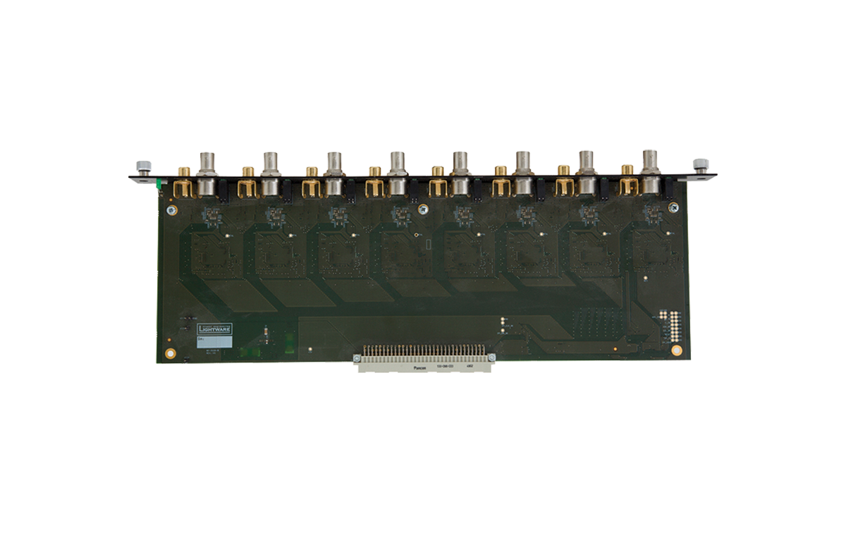 Computer memory module with multiple chips on a white background