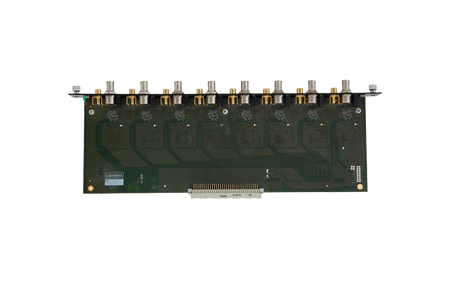 Computer memory module with multiple chips on a white background