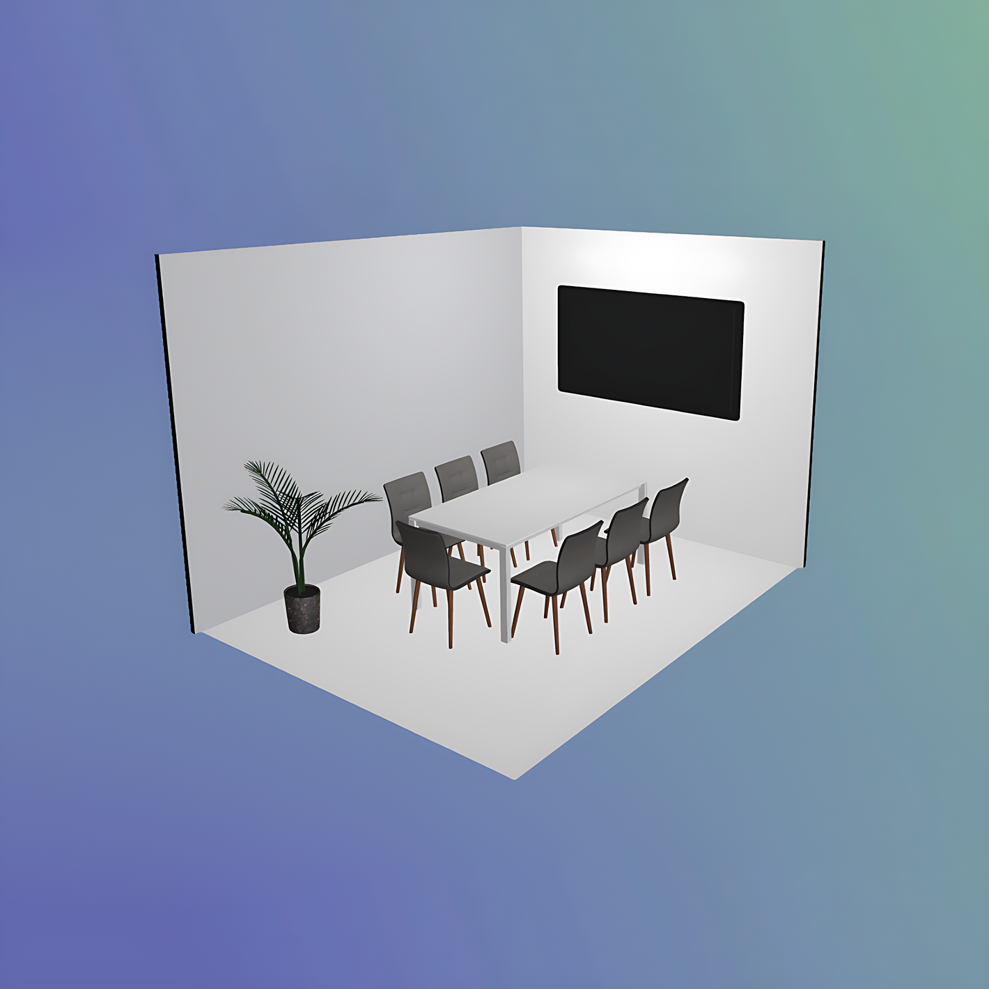 3D model of a modern dining room with a table, chairs, and a TV on a gradient blue background