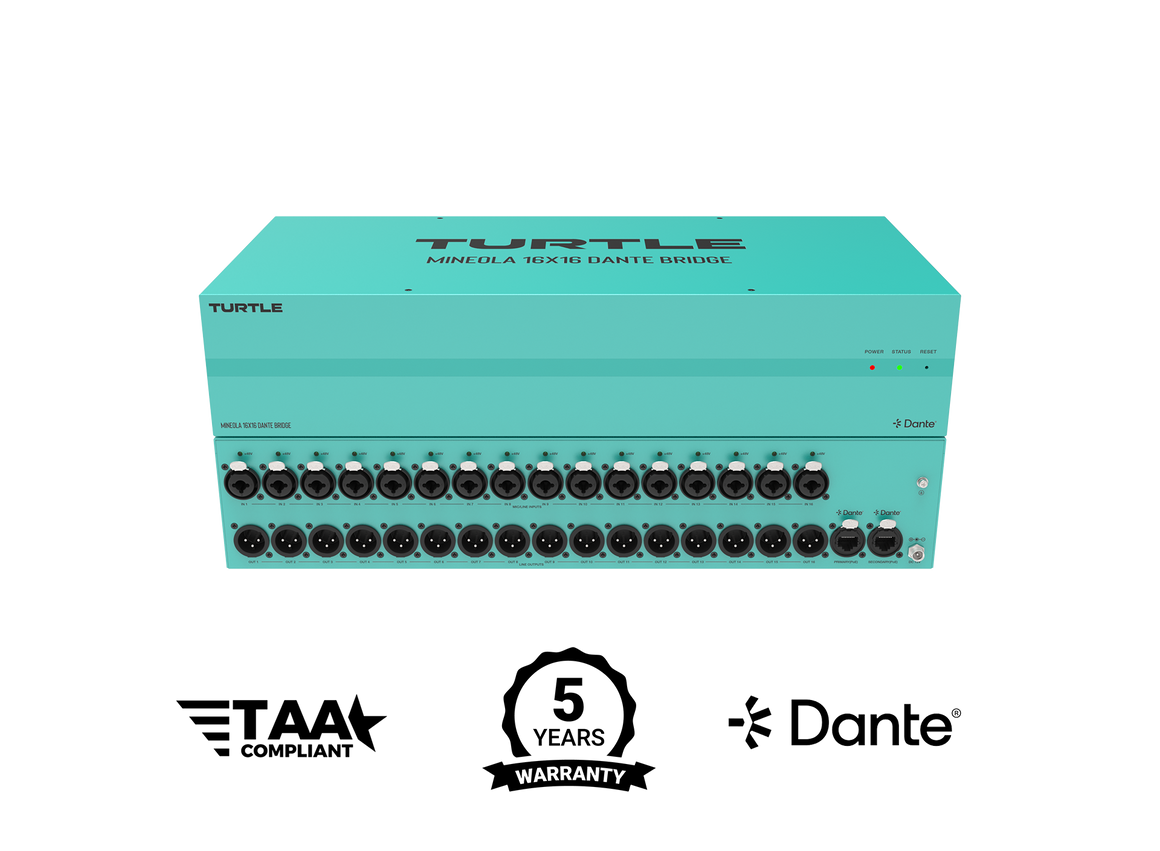 Teal audio equipment with multiple ports and brand logos on a white background