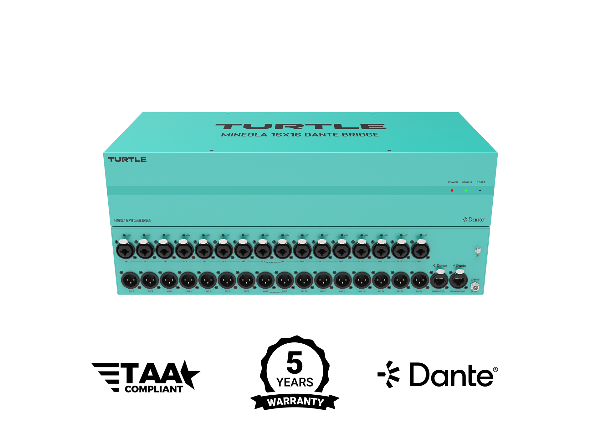Teal audio equipment with multiple ports and brand logos on a white background