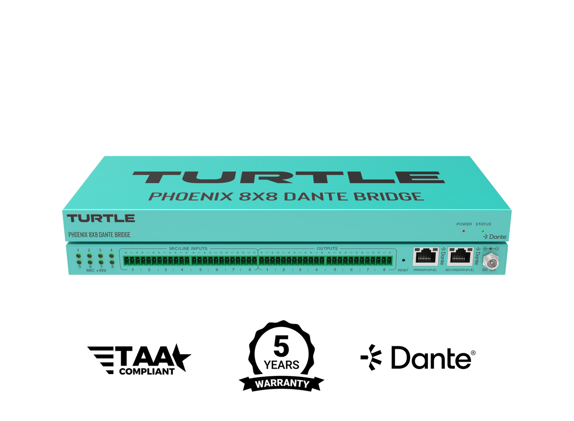 Turtle Phoenix 8x8 Dante Bridge on a white background with certification logos.