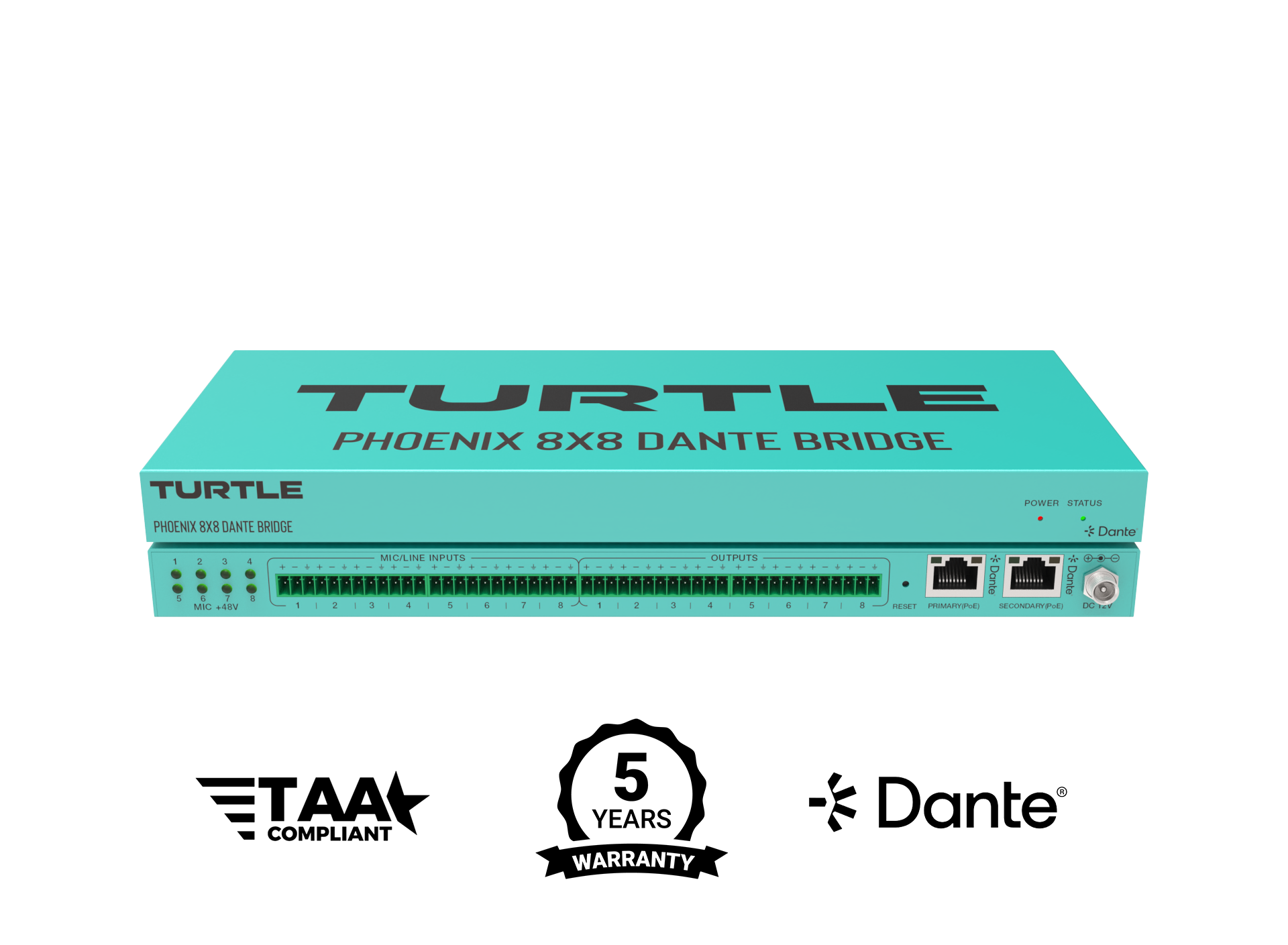 Turtle Phoenix 8x8 Dante Bridge on a white background with certification logos.