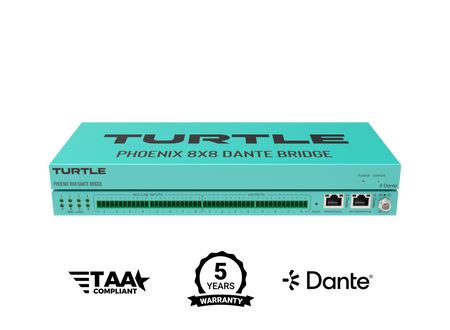 Turtle Phoenix 8x8 Dante Bridge on a white background with certification logos.