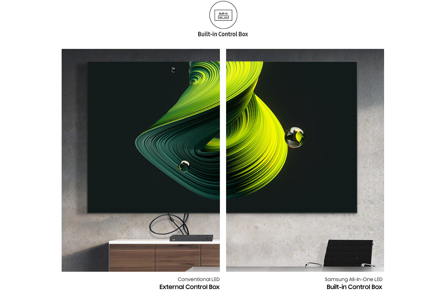Comparison of Samsung LED TV with built-in control box and conventional LED TV with external control box.