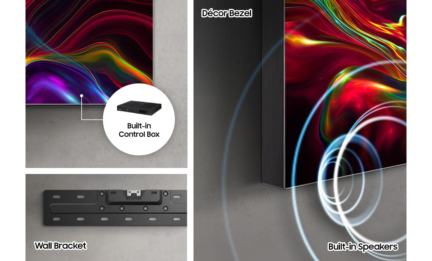 Smart TV with built-in control box, wall bracket, and speakers on a gray background