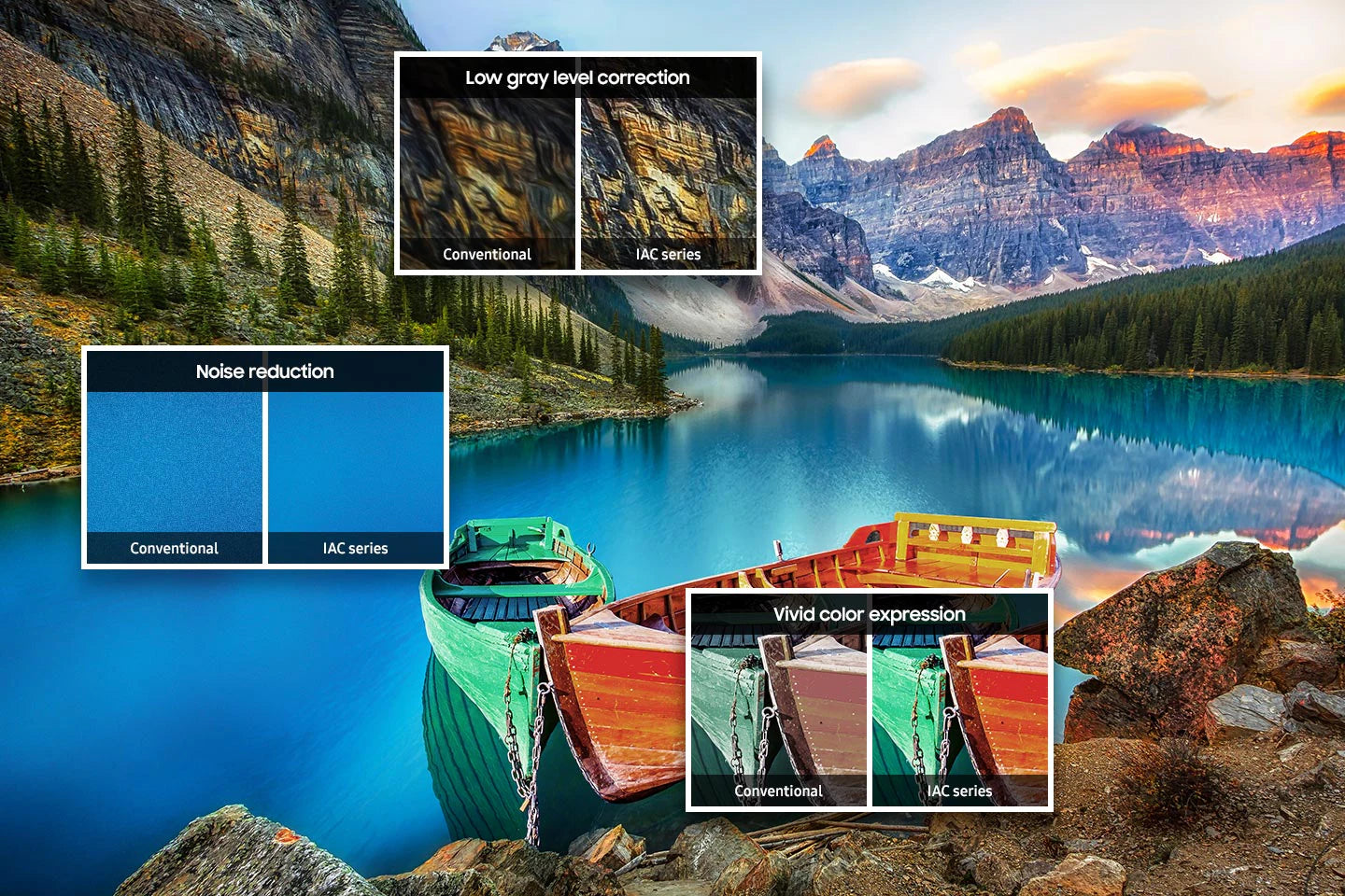 Mountain landscape with lake and boats, showcasing image processing improvements like low gray level correction, noise reduction, and vivid color expression.