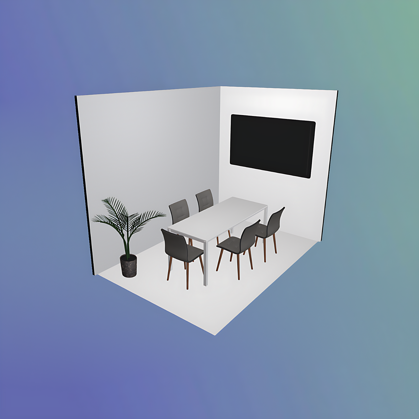 3D rendering of a modern dining room with a table, chairs, and a TV on a white wall.