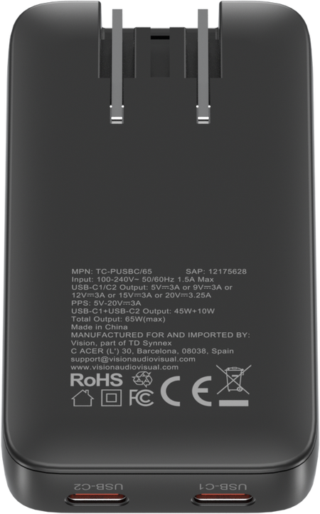 Vision Dual USB-C Charger with swapable EU and UK Plugs