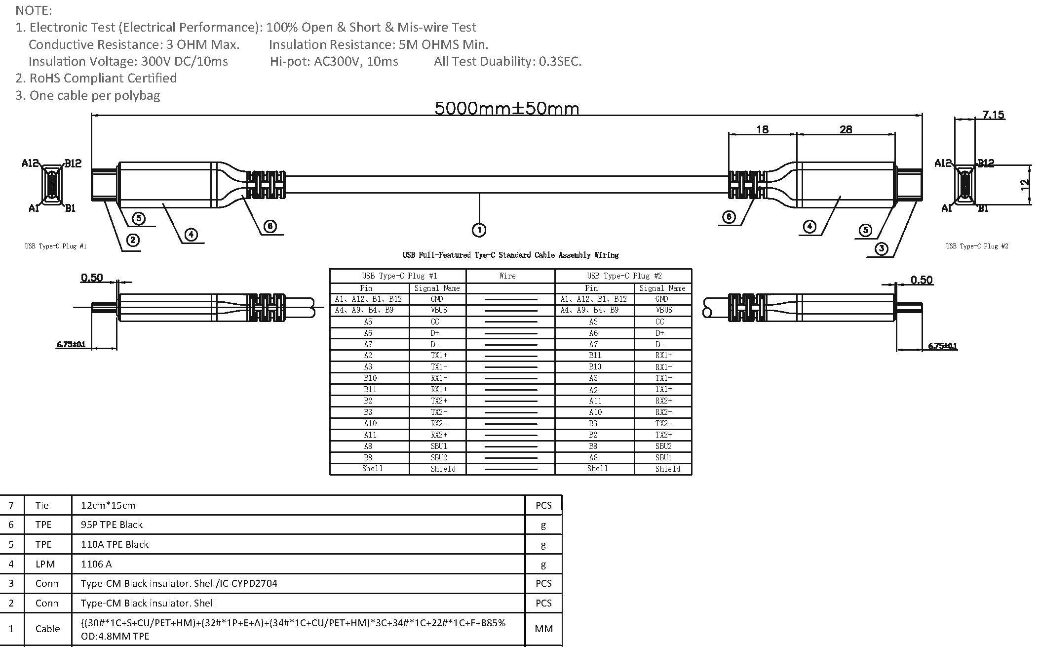 Vision Black USB-C Cable 5m